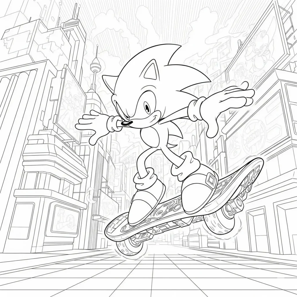 Dieses coole Ausmalbild zeigt Sonic, wie er mit einem Skateboard durch die Stadt fährt. Kinder können die Gebäude, Straßen und Sonics Bewegung farbenfroh gestalten.