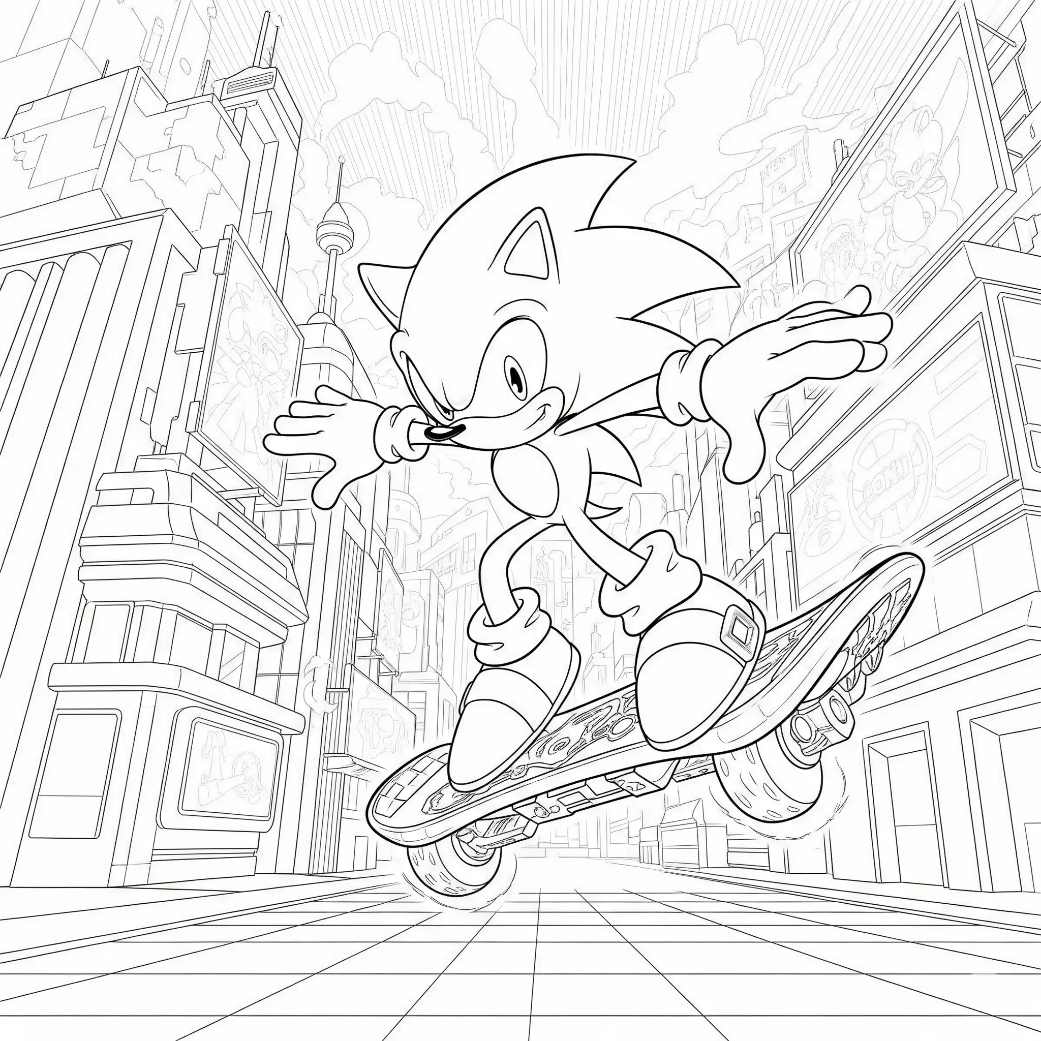 26 Sonic Ausmalbilder (Kostenlos Malvorlage zum Ausdrucken) Dieses coole Ausmalbild zeigt Sonic, wie er mit einem Skateboard durch die Stadt fährt. Kinder können die Gebäude, Straßen und Sonics Bewegung farbenfroh gestalten.