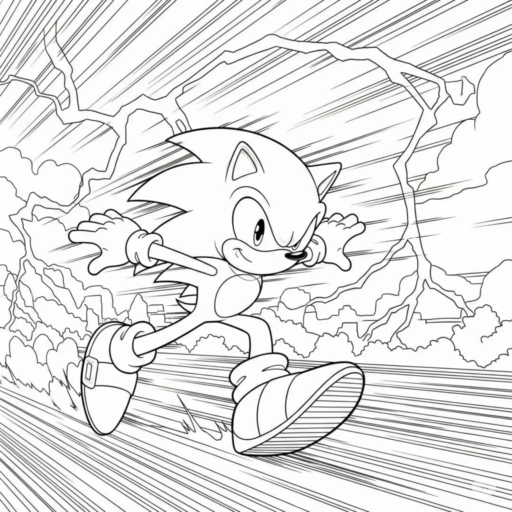 26 Sonic Ausmalbilder (Kostenlos Malvorlage zum Ausdrucken) Dieses actionreiche Sonic Ausmalbild zeigt Sonic, wie er mit unglaublicher Geschwindigkeit läuft. Kinder können seine Bewegungslinien, Schuhe und blauen Stacheln bunt gestalten.