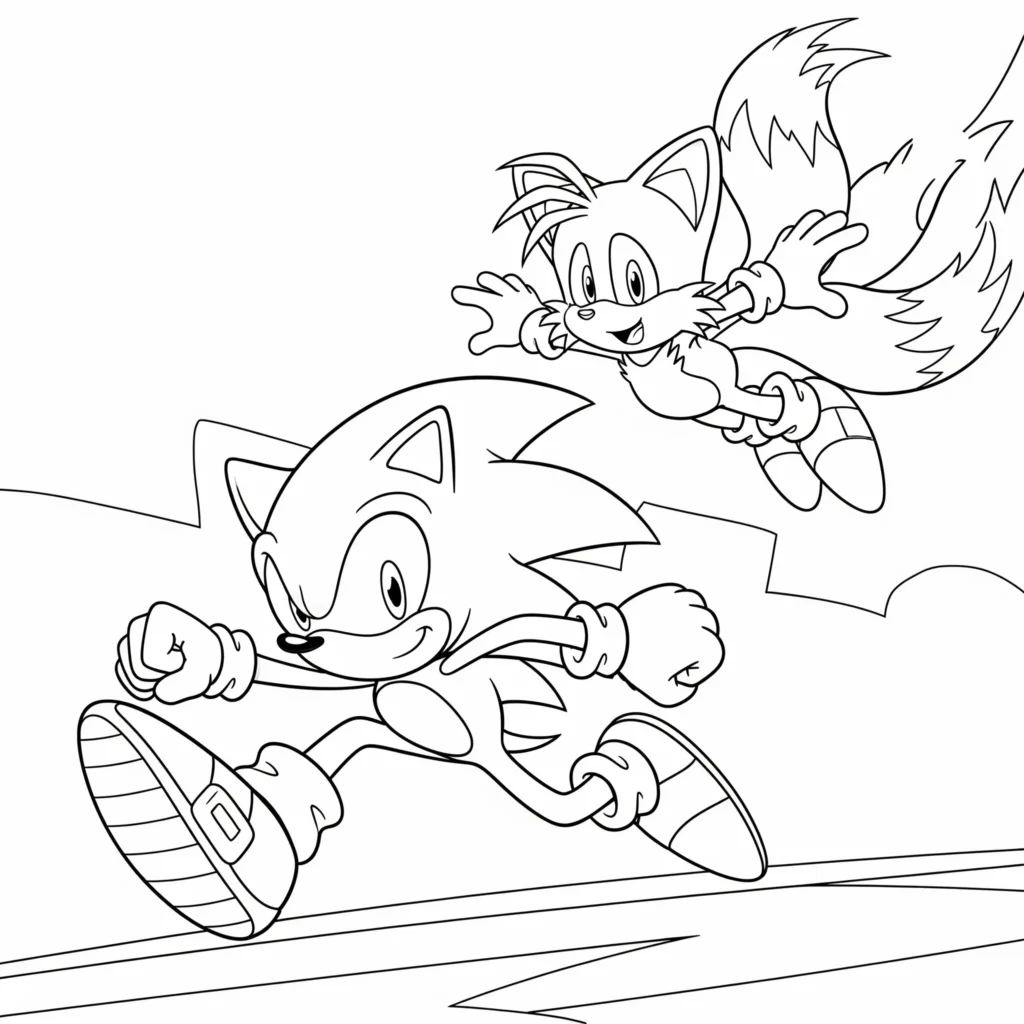 26 Sonic Ausmalbilder (Kostenlos Malvorlage zum Ausdrucken) Dieses fröhliche Sonic Ausmalbild zeigt Sonic und Tails, die zusammen durch die Lüfte fliegen. Kinder können Tails’ wirbelnde Schwänze und Sonics Energie bunt gestalten.