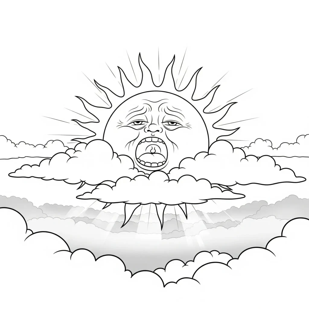 Ausmalbild einer Sonne, die hinter Wolken gähnt und aufwacht, ideal zum Ausdrucken und Ausmalen für Kinder