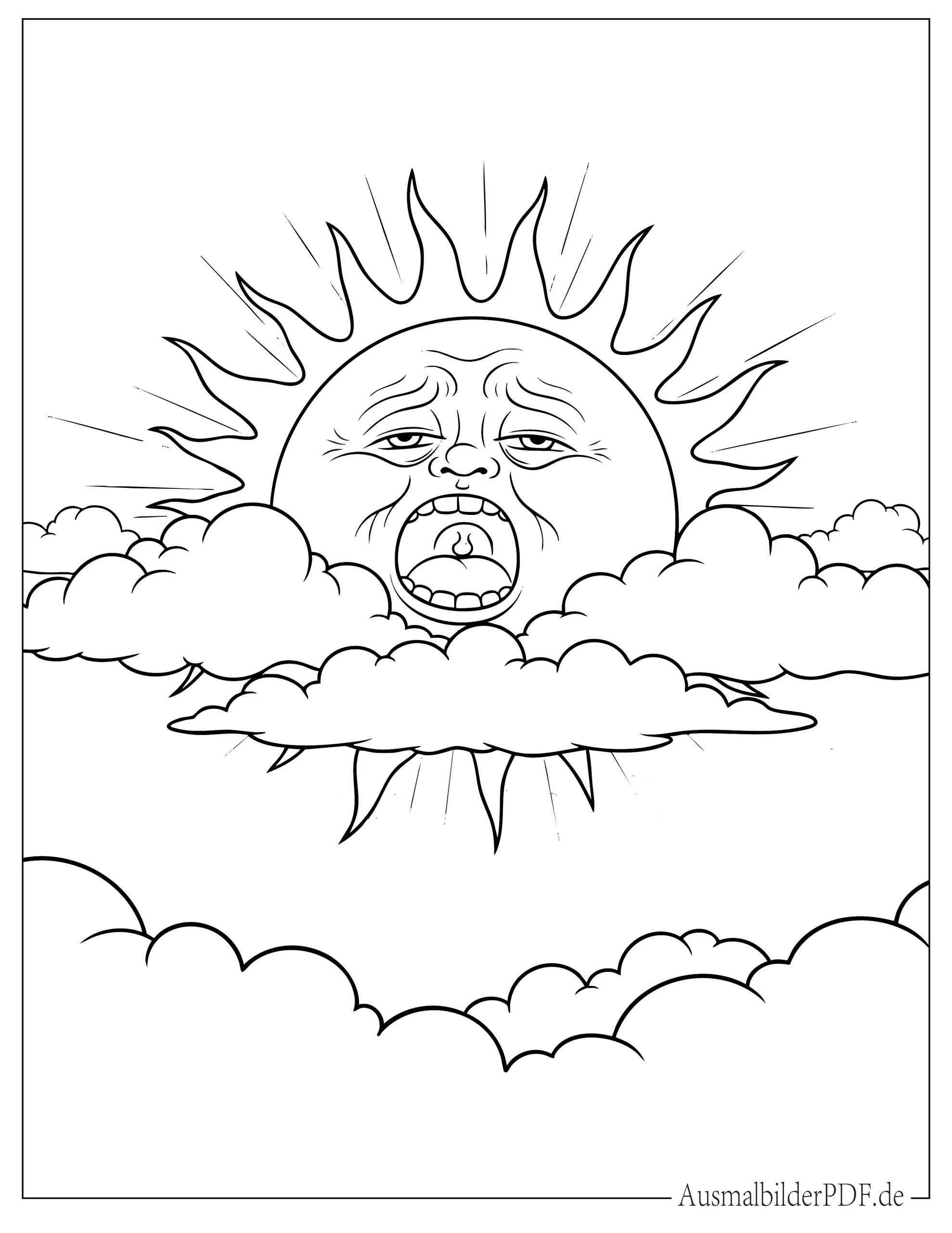 Sonne wacht auf mit einem Gähnen hinter Wolken Malvorlage
