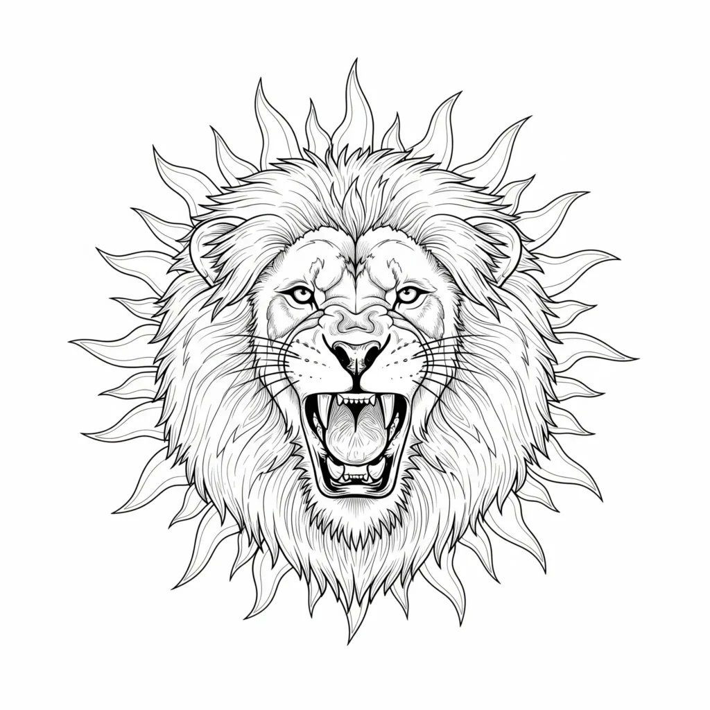 Ausmalbild einer Sonne mit Strahlen, die wie eine Löwenmähne geformt sind, zum Ausdrucken und Ausmalen für Kinder und Erwachsene