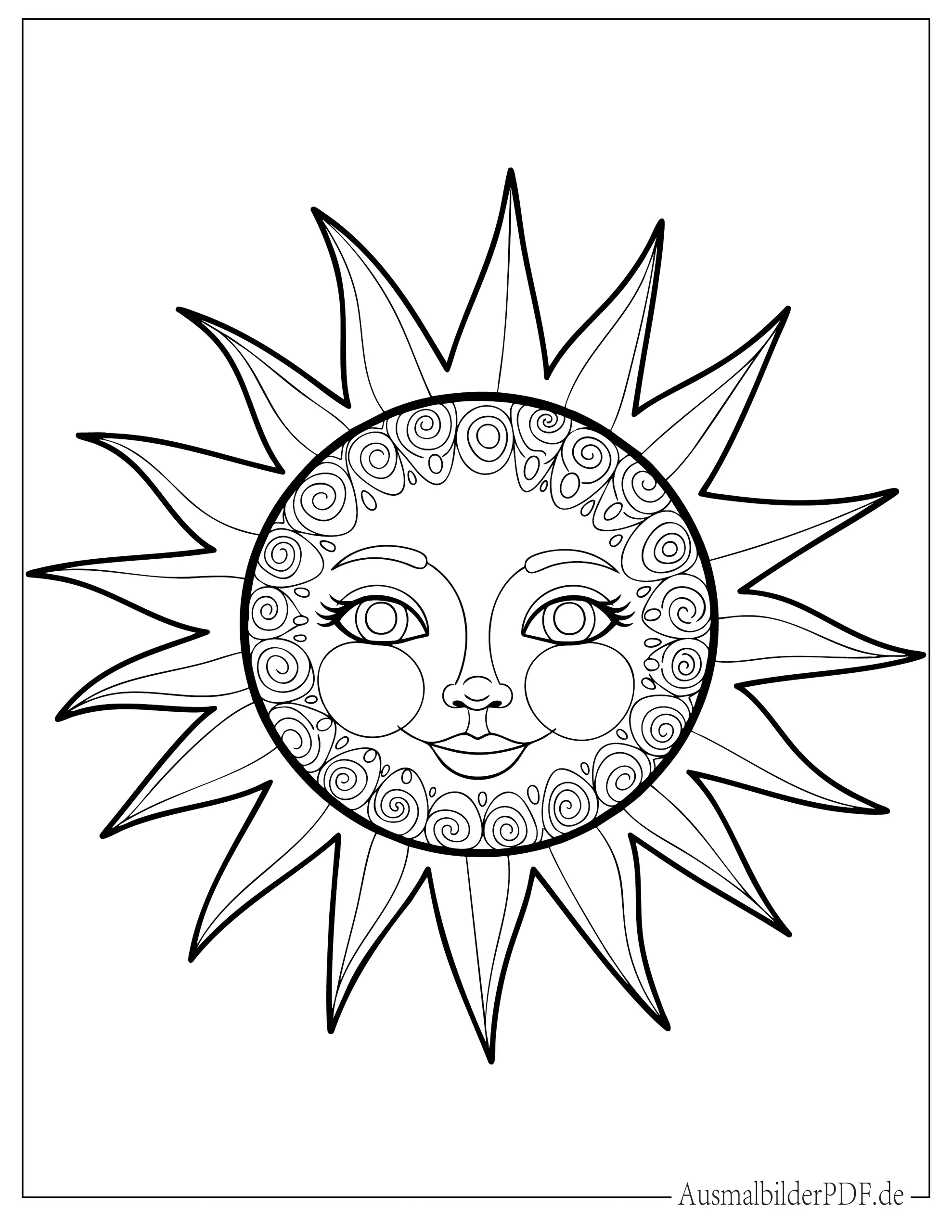 Sonnengesicht mit großen Strahlen Ausmalvorlage