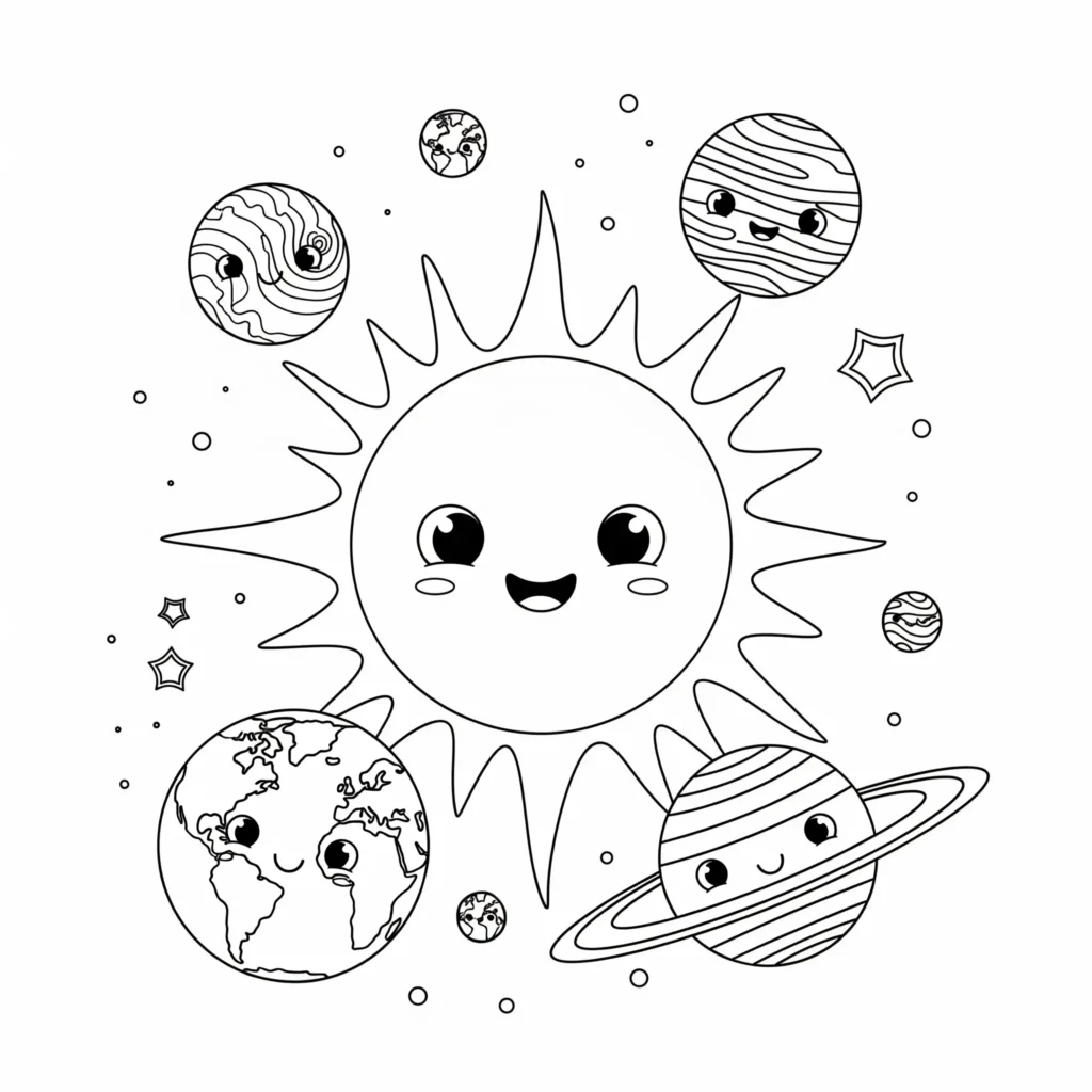 Ausmalbild der Sonne mit mehreren Planeten im Weltall, ideal zum Ausdrucken und Ausmalen für Kinder und Weltraumfans