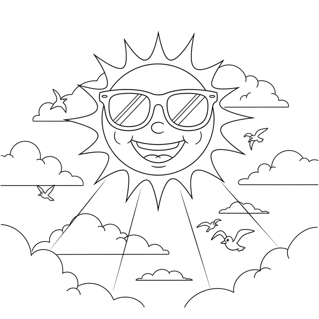Strahlende Sonne mit Sonnenbrille und breitem Lächeln am Himmel sommer malvorlage kinder kostenlos zum ausdrucken und anmalen