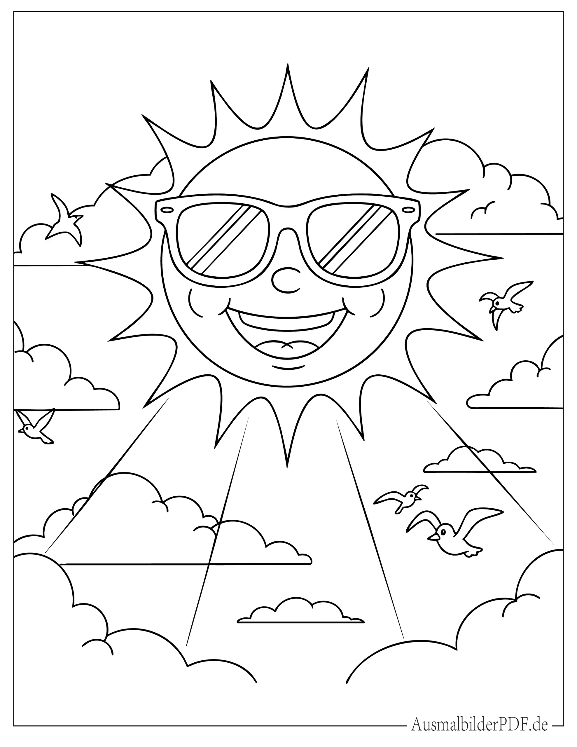 Einfache lächelnde Sonne mit Sonnenbrille Malvorlage für Kinder