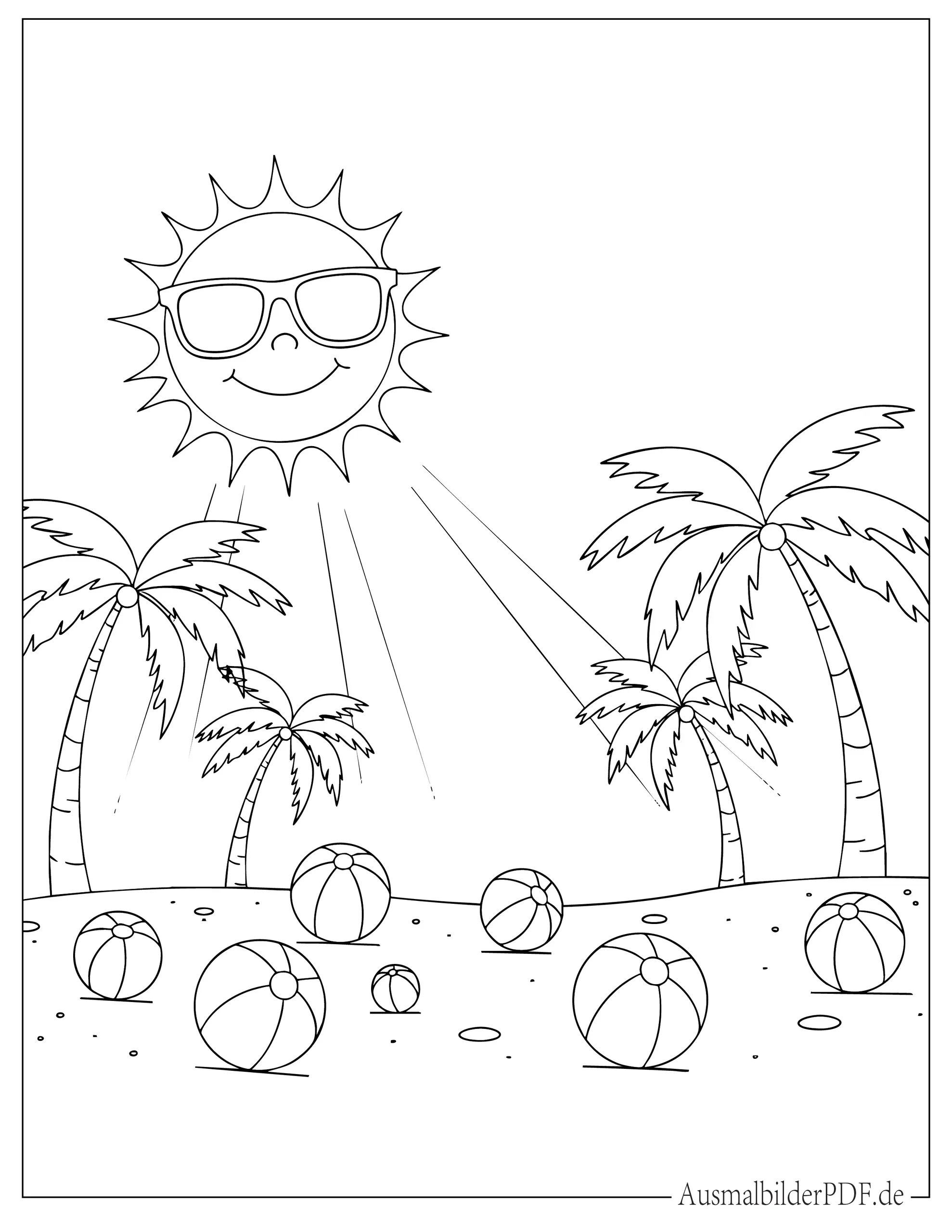 16 Strand Ausmalbilder (Gratis Malvorlagen zum Ausdrucken) Cartoon Sonne trägt Sonnenbrille über dem Strand zum Ausmalen