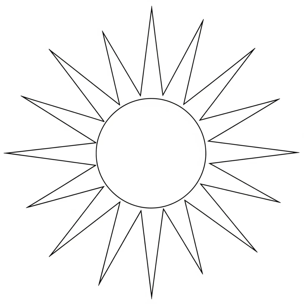 Ausmalbild einer Sonne mit besonders langen und breiten Strahlen, perfekt für Kinder zum kostenlosen Ausdrucken und kreativen Gestalten