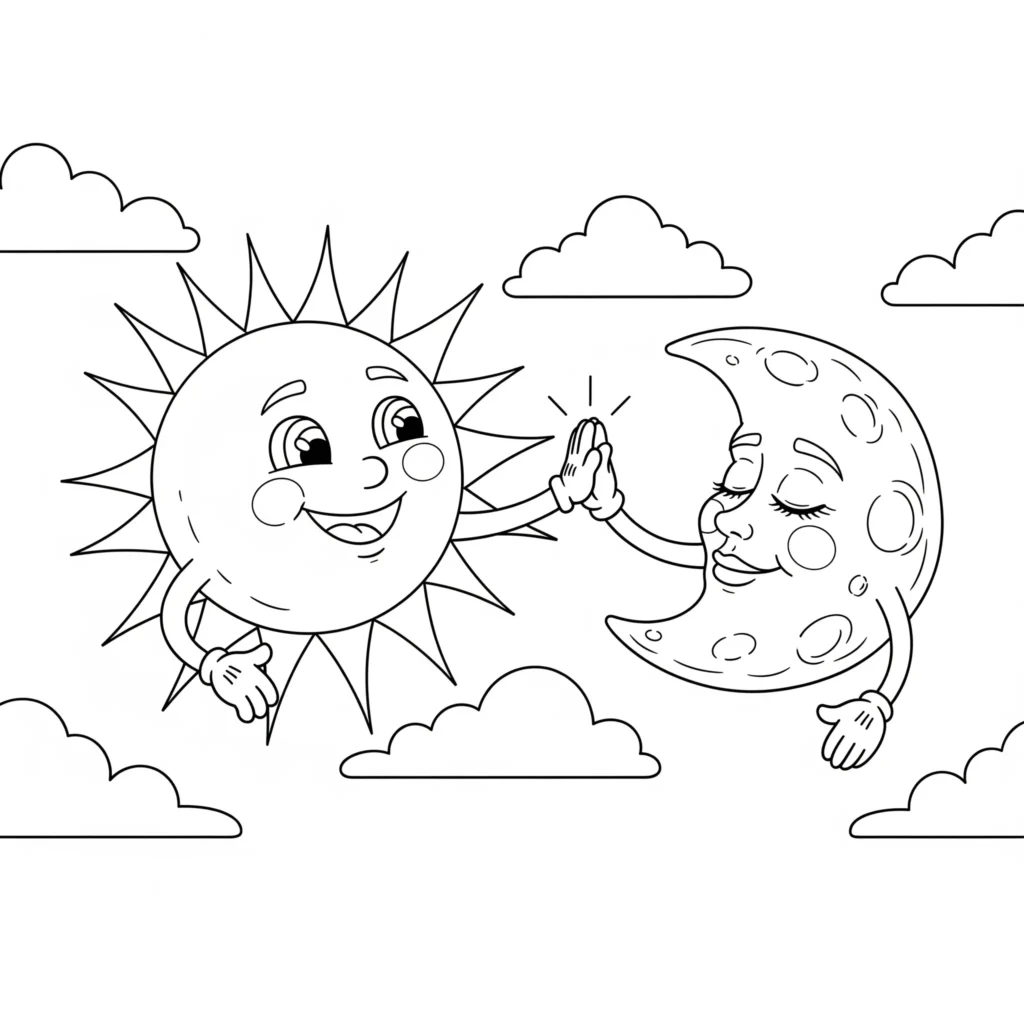 Ausmalbild mit Sonne und Mond gemeinsam am Himmel, ideal zum Ausdrucken für Kinder, die Tag-und-Nacht-Motive lieben