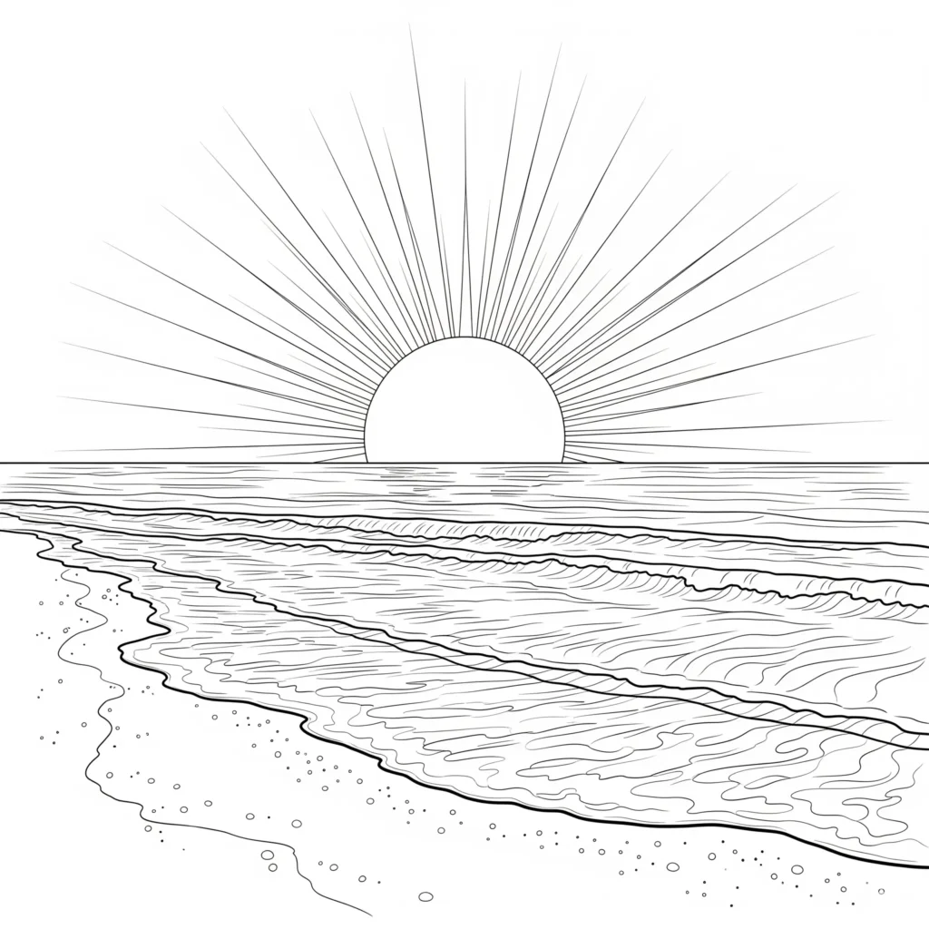 16 Sonne Ausmalbilder (Kostenlos Malvorlage zum Ausdrucken) Ausmalbild mit einer großen Sonne, die über einem ruhigen Strand scheint – perfekt für Kinder zum Ausdrucken und farbenfrohen Ausmalen