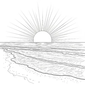 16 Sonne Ausmalbilder (Kostenlos Malvorlage zum Ausdrucken) Ausmalbild mit einer großen Sonne, die über einem ruhigen Strand scheint – perfekt für Kinder zum Ausdrucken und farbenfrohen Ausmalen