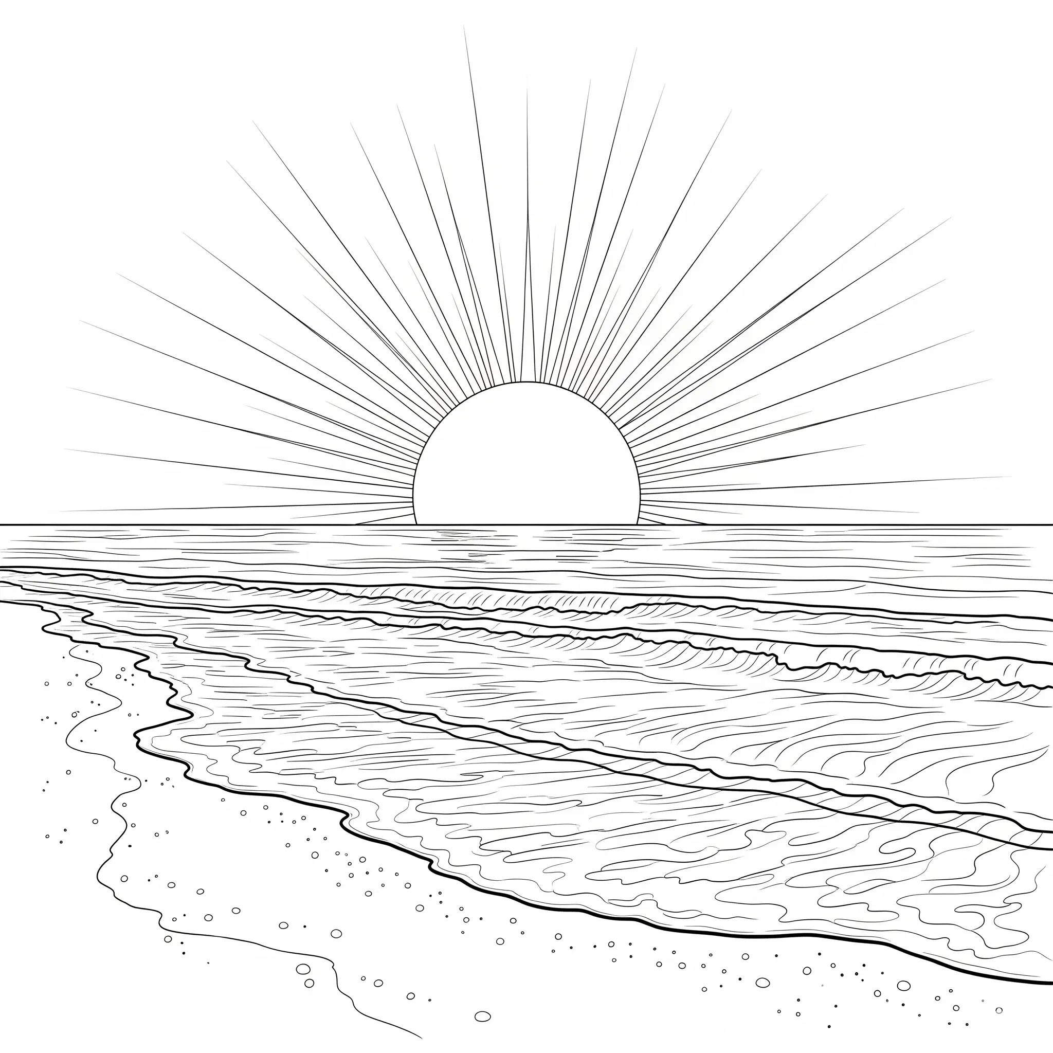 16 Sonne Ausmalbilder (Kostenlos Malvorlage zum Ausdrucken) Ausmalbild mit einer großen Sonne, die über einem ruhigen Strand scheint – perfekt für Kinder zum Ausdrucken und farbenfrohen Ausmalen