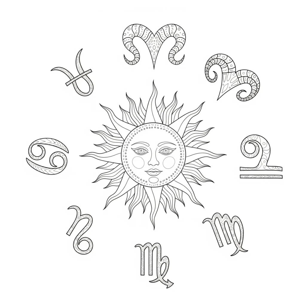 Ausmalbild der Sonne umgeben von Sternzeichen und Sternen, ideal zum Ausdrucken und Ausmalen für Kinder und Interessierte