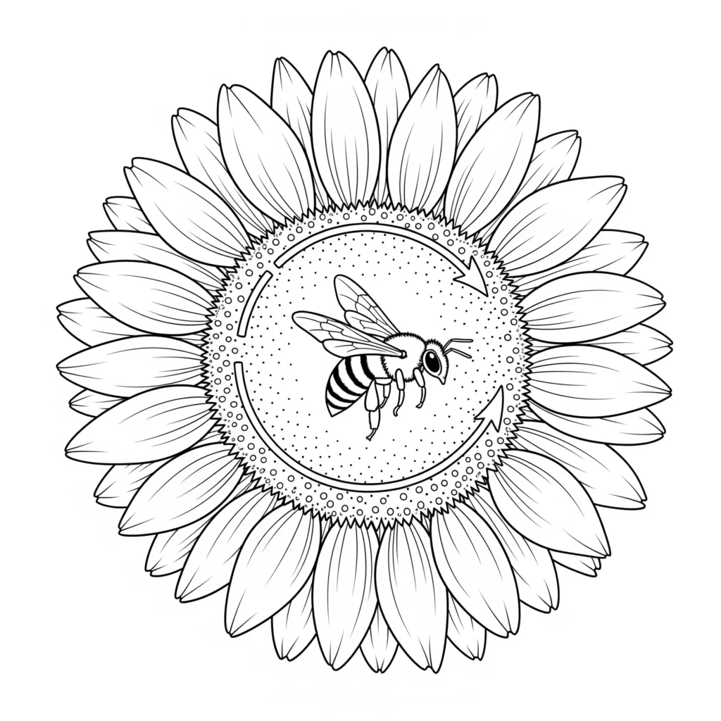 Ausmalbild einer Sonnenblume mit einer fliegenden Hummel daneben, ideal zum Ausdrucken und Ausmalen für Kinder und Erwachsene