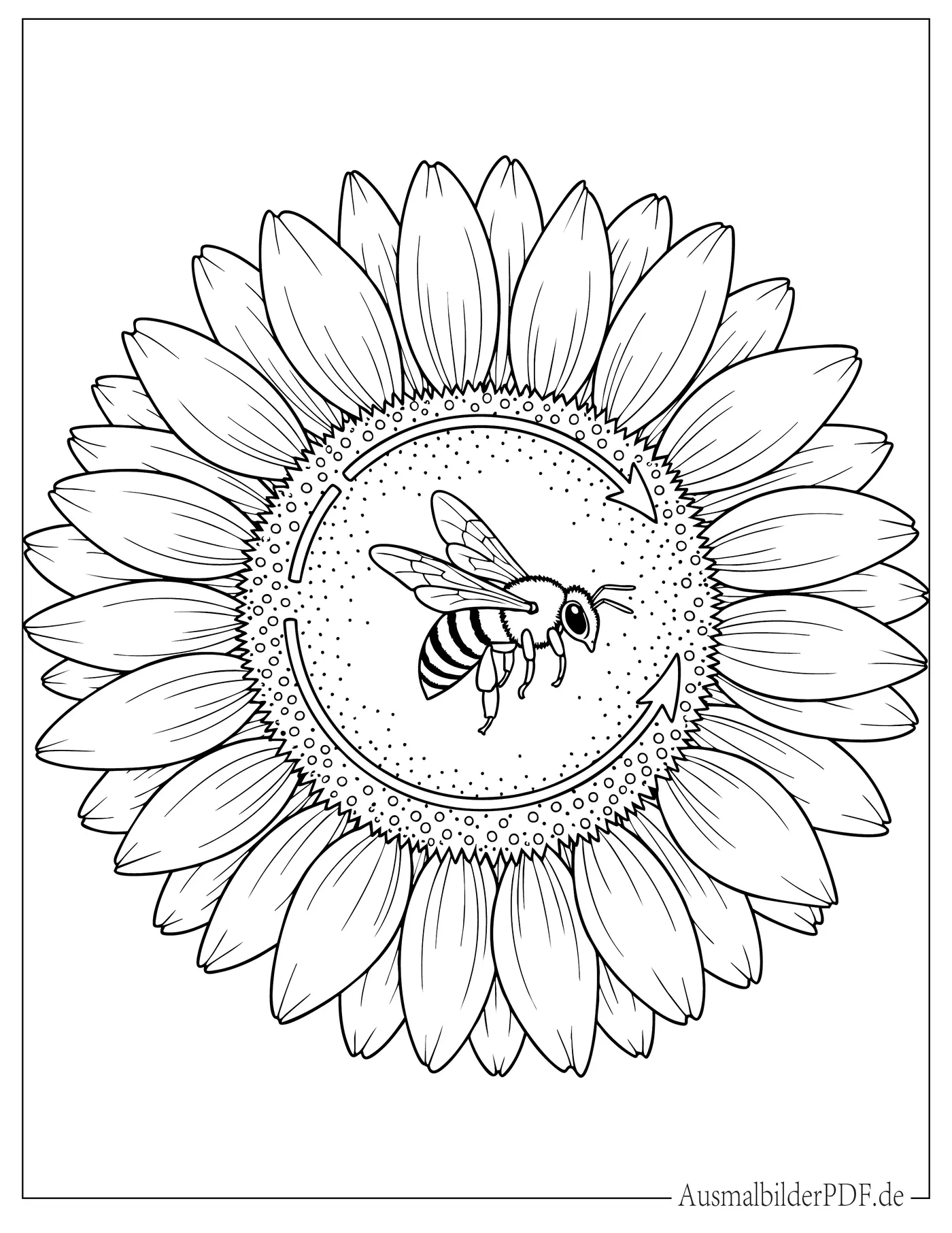 Sonnenblume und Hummel fliegt in der Nähe zum Ausmalen