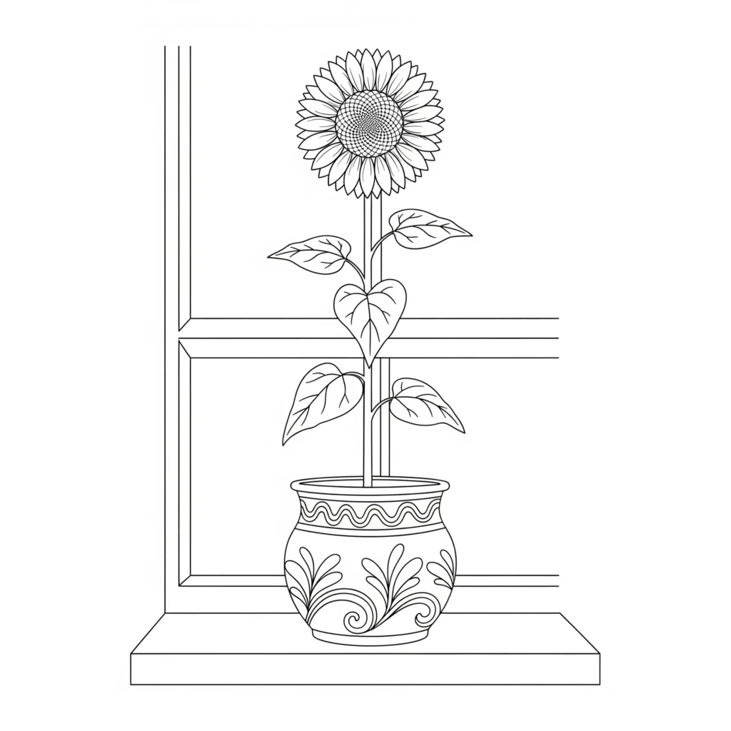 Ausmalbild einer Sonnenblume, die in einem Blumentopf wächst, zum Ausdrucken und Ausmalen für Kinder und Erwachsene