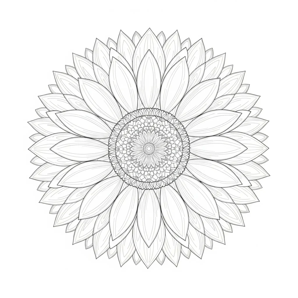 Mandala Malvorlage mit einer Sonnenblume im Zentrum, ideal zum Ausdrucken und Ausmalen für Kinder und Erwachsene, die entspannen möchten