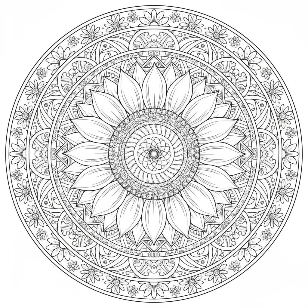 30+ Blumen Ausmalbilder (Gratis Malvorlage zum Ausdrucken) Ein wunderschönes Ausmalbild eines Mandalas mit Sonnenblumenmustern, ideal zum Ausdrucken und Ausmalen für kreative Entspannung