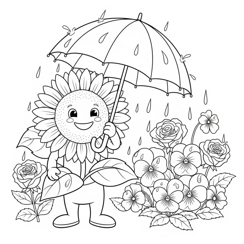 Ausmalbild einer Sonnenblume mit Regenschirm im Regen, geeignet zum Ausdrucken und Ausmalen für Kinder und Erwachsene