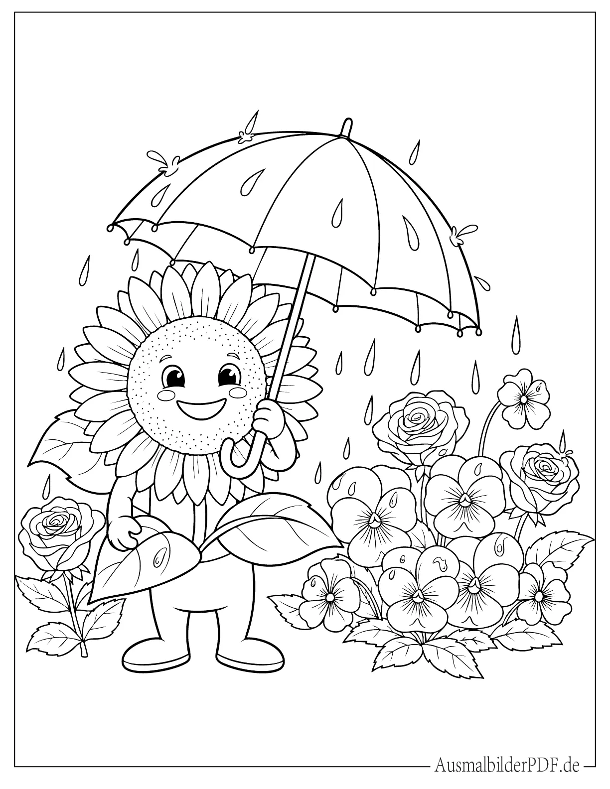 Sonnenblume hält einen Regenschirm im Regen Malvorlage