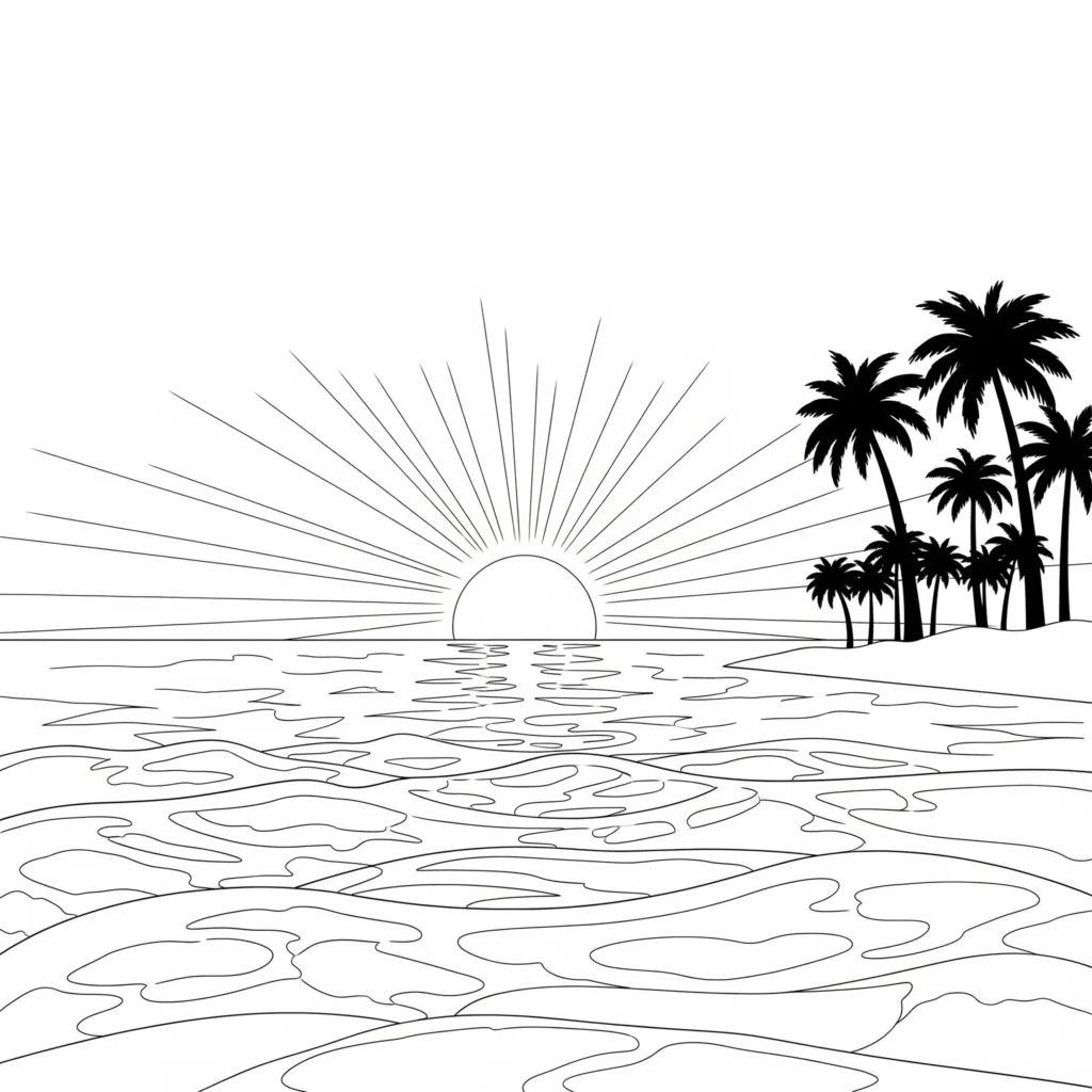 Ausmalbild einer untergehenden Sonne am Horizont über dem Ozean, perfekt zum Ausdrucken und kreativ Ausmalen für Kinder und Erwachsene