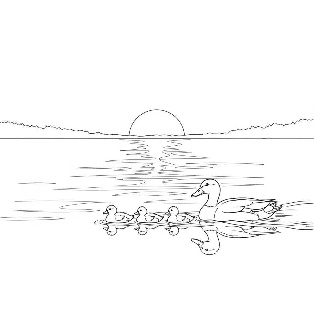 Die Sonne geht über einem ruhigen Sommersee unter mit spiegelndem Wasser und sanften Wolken sommer ausmalbilder zum ausdrucken für erwachsene