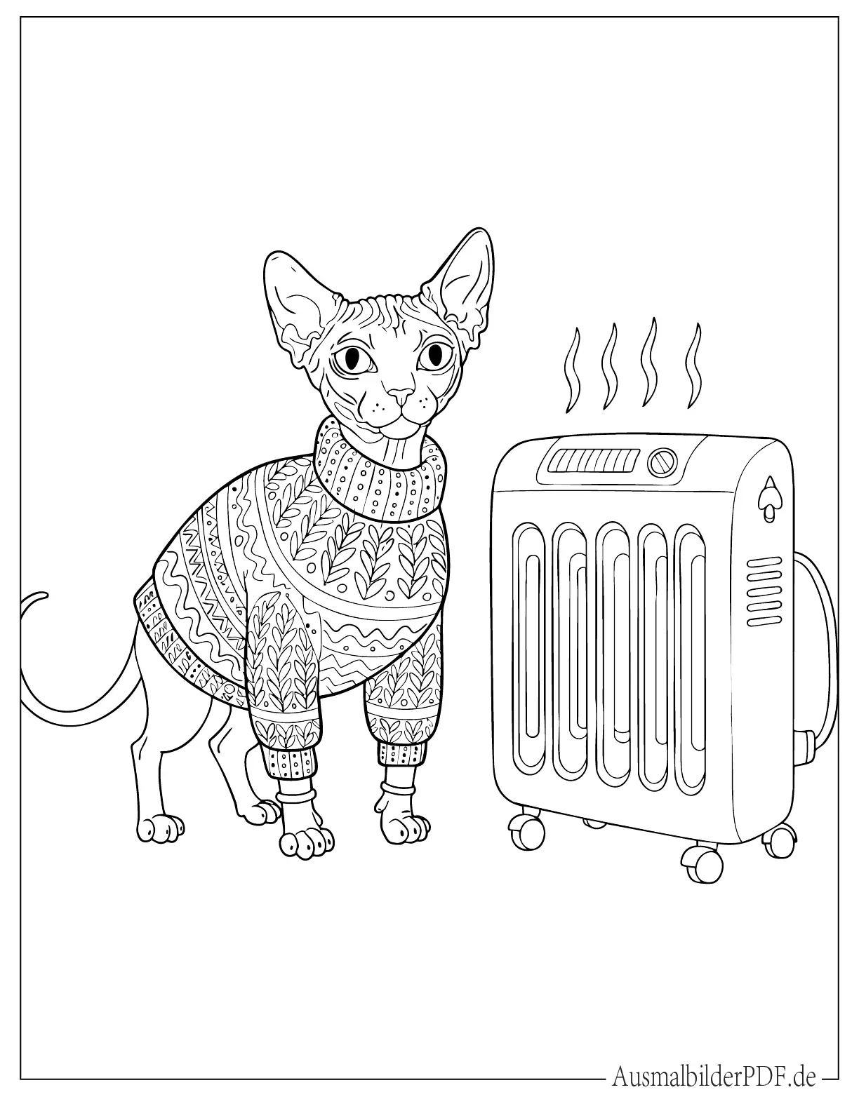 Sphynx Katze trägt Pullover sitzt neben Heizung Ausmalbild