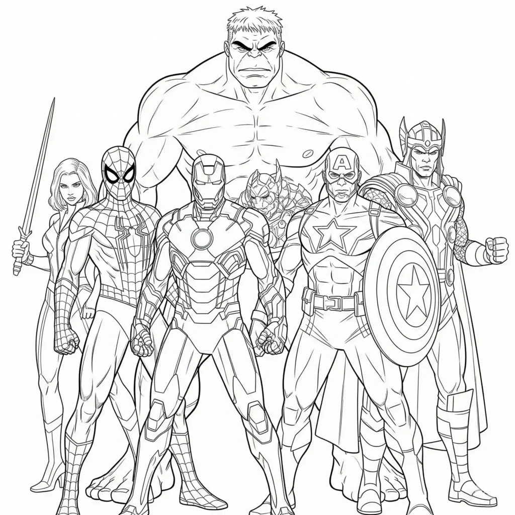 Spider-Man steht zusammen mit den Avengers in einer dynamischen Kampfstellung – detailreiche Ausmalvorlage zum Ausdrucken für Kinder