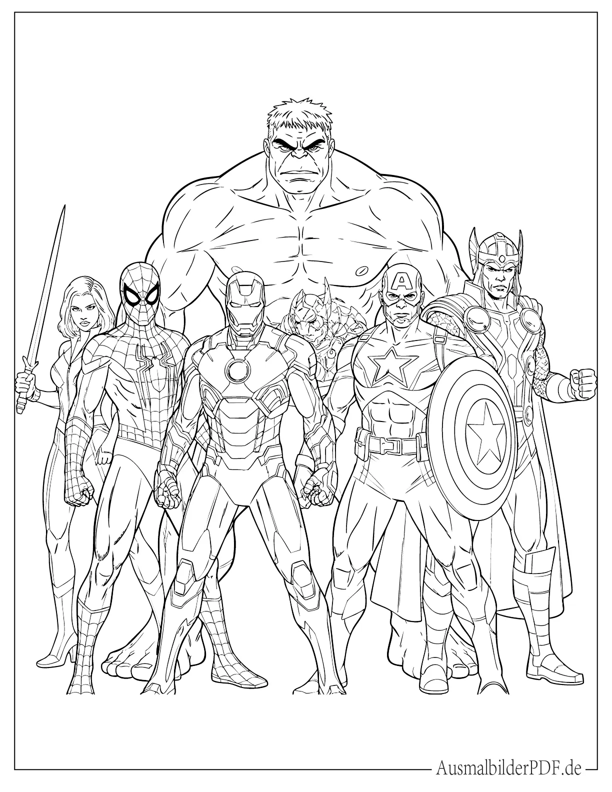 Spider-Man mit dem Avengers Team in Kampfhaltung Ausmalbild