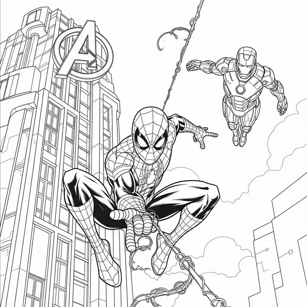 Spider-Man schwingt dynamisch mit seinem Netz hoch über dem Avengers Tower in New York – spannende Ausmalvorlage zum Ausdrucken für Kinder