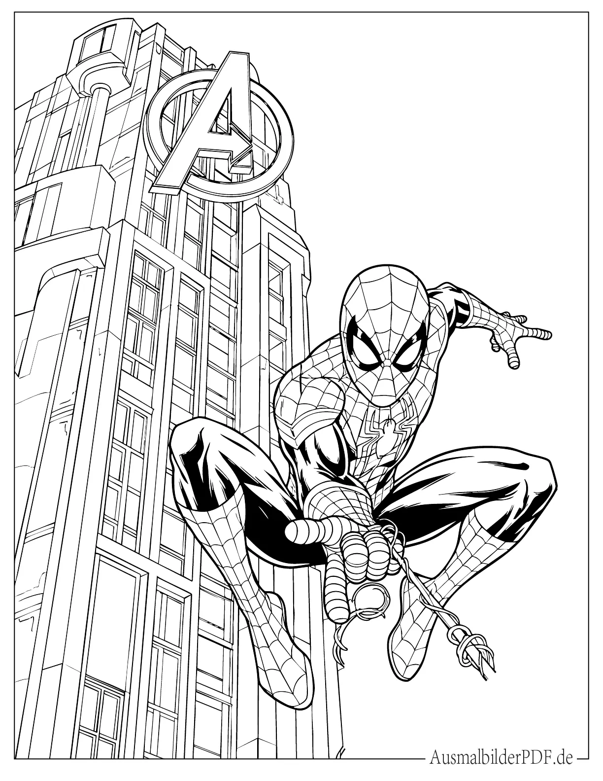 Spider-Man schwingt sich über den Avengers Turm zum Ausmalen