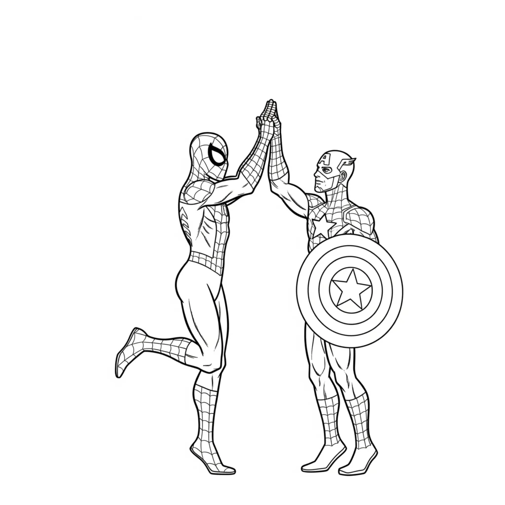 Spider-Man und Captain America geben sich einen High-Five in einer freundlichen Szene – kinderfreundliche Ausmalvorlage zum Ausdrucken und Ausmalen