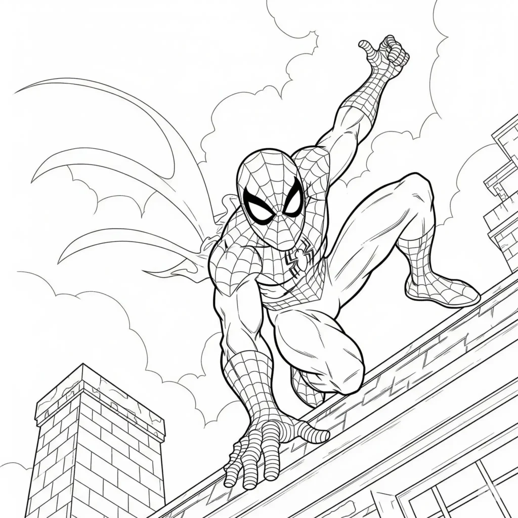 Diese Ausmalvorlage zeigt Spiderman auf einem Dach mit Blick auf die Stadt. Ideal für Kinder, die Superhelden lieben – jetzt gratis drucken!