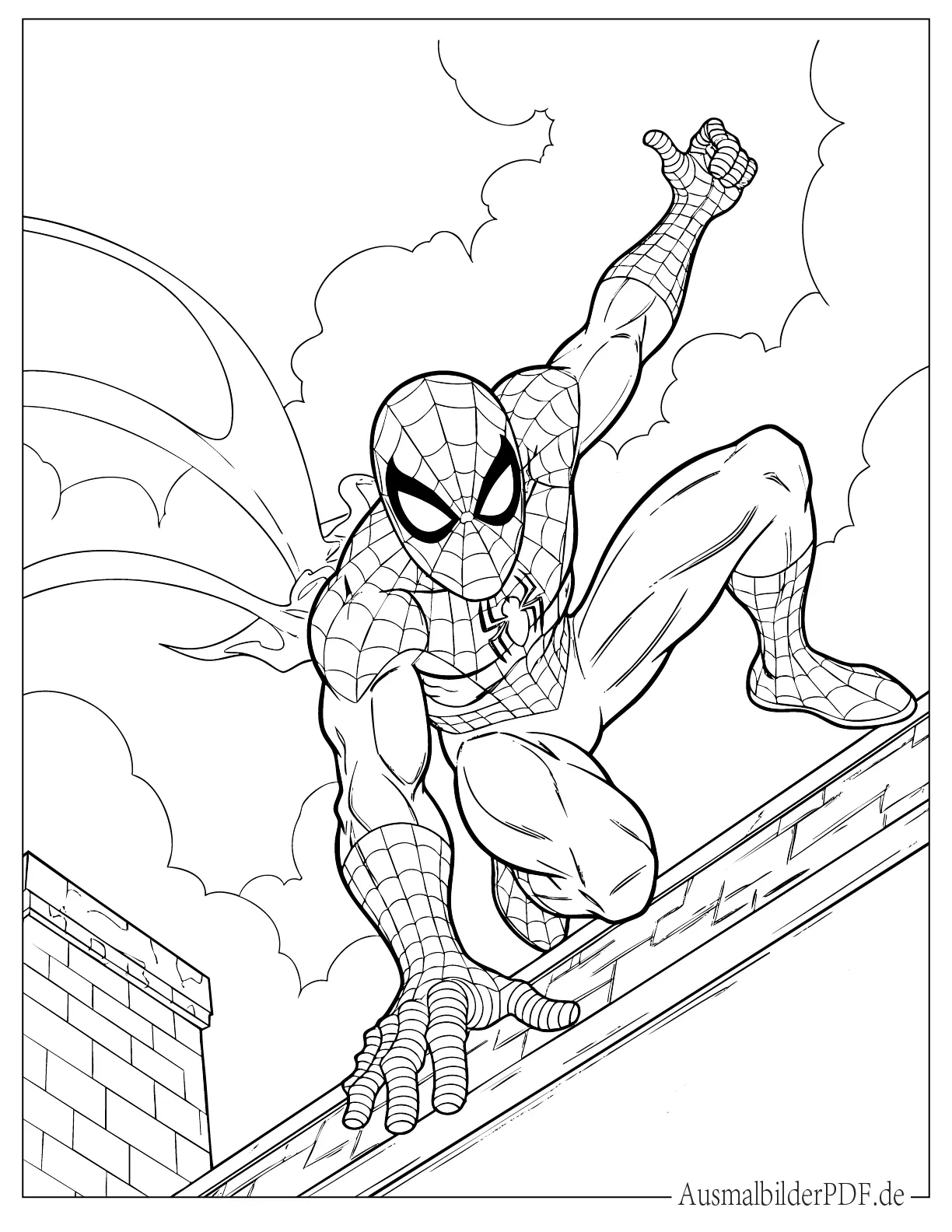 Spider-Man auf einem Dach in Aktion Ausdruckbare Ausmalbild