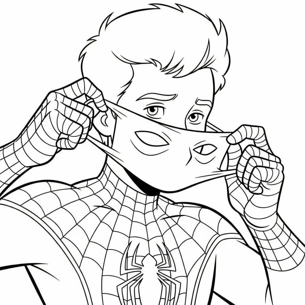Spiderman zieht seine Maske ab und zeigt sein wahres Ich als Peter Parker – spannende Ausmalvorlage zum Ausdrucken für Kinder