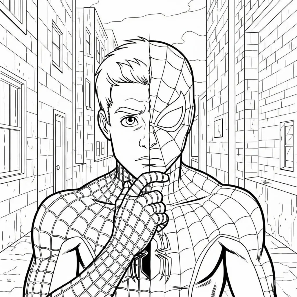 Spiderman zeigt sein Gesicht mit halb abgenommener Maske in einer detailreichen und kindgerechten Ausmalvorlage zum Ausdrucken