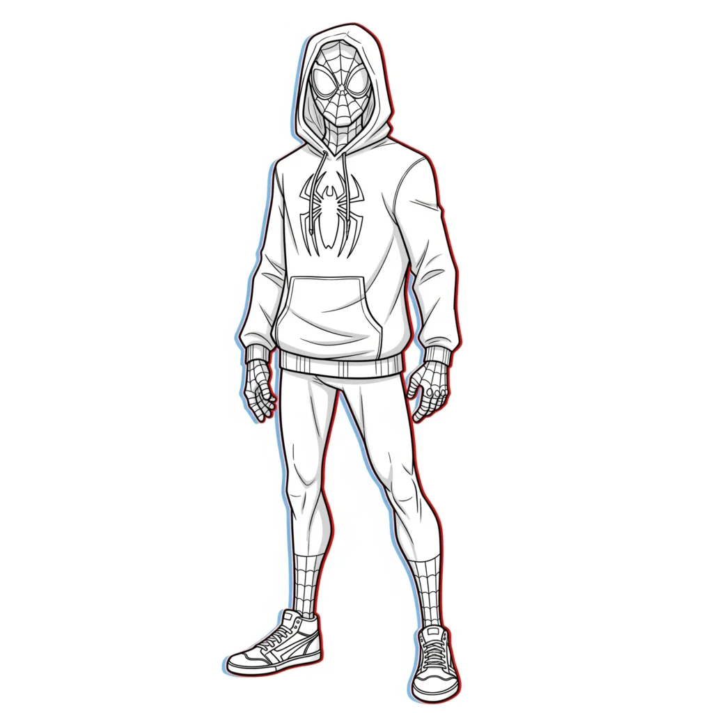 Spider-Man trägt eine coole Hoodie-Variante seines Kostüms und steht lässig – kinderfreundliche Ausmalvorlage zum Ausdrucken und Ausmalen