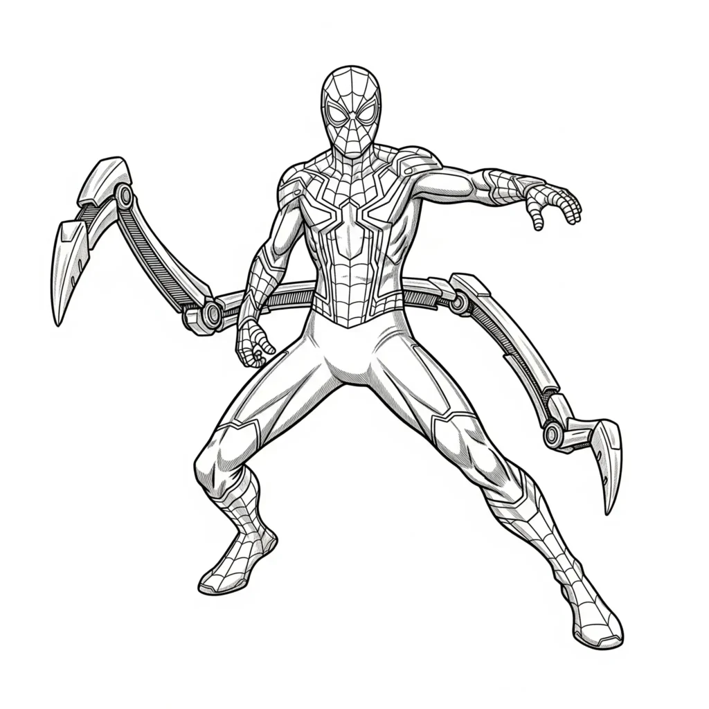 Spider-Man trägt den glänzenden Iron Spider Suit mit metallischem Design – spannende Ausmalvorlage zum Ausdrucken und Ausmalen für Kinder