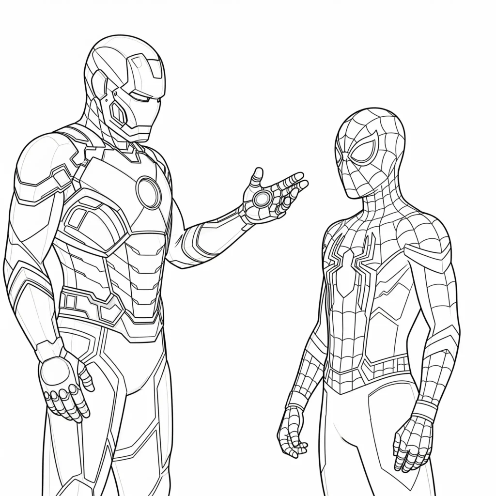 Spider-Man steht neben Iron Man in einer heroischen Pose – spannende und kinderfreundliche Ausmalvorlage zum Ausdrucken und Ausmalen
