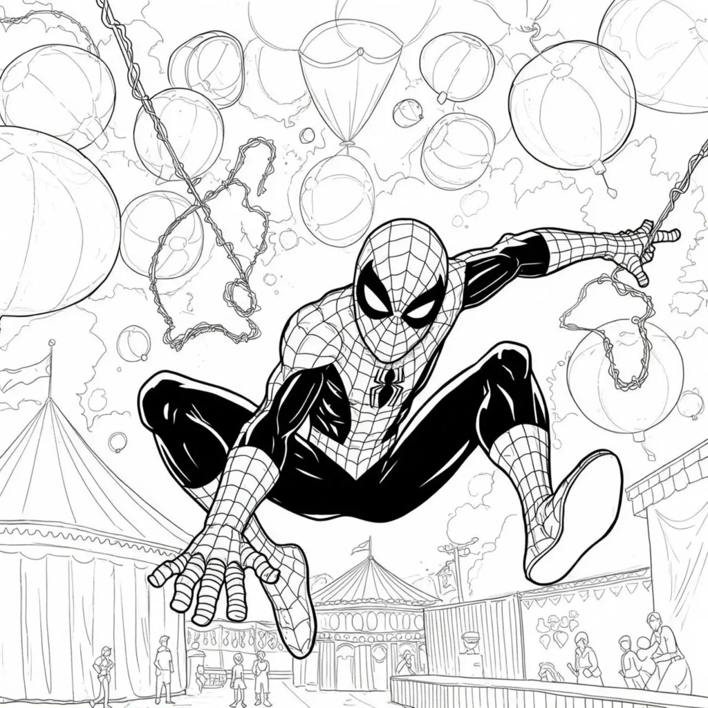 Spider-Man Ausmalbild beim Schwingen durch einen festlichen Karneval mit Zelten, Lichtern und Luftballons