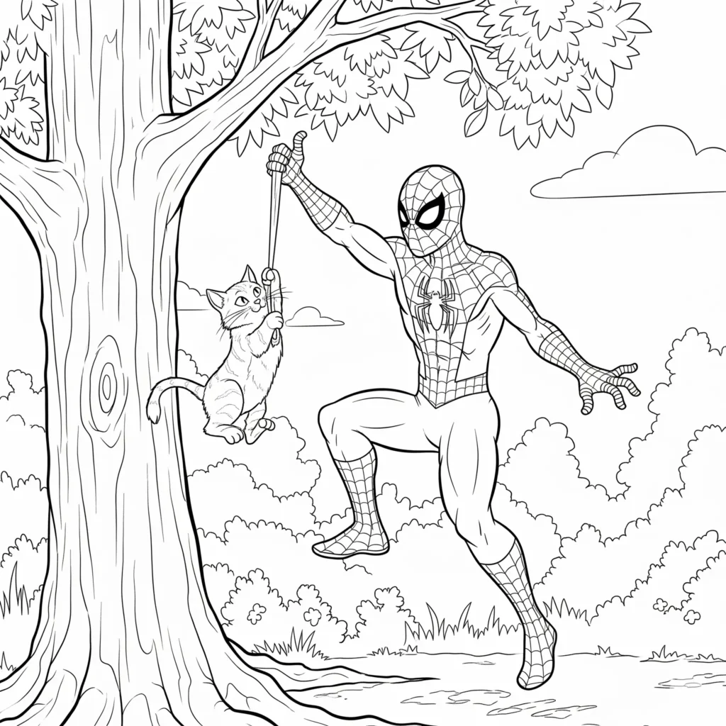 Spiderman klettert einen Baum hinauf, um eine verängstigte Katze zu retten – kindgerechte Ausmalvorlage zum kostenlosen Ausdrucken und Ausmalen