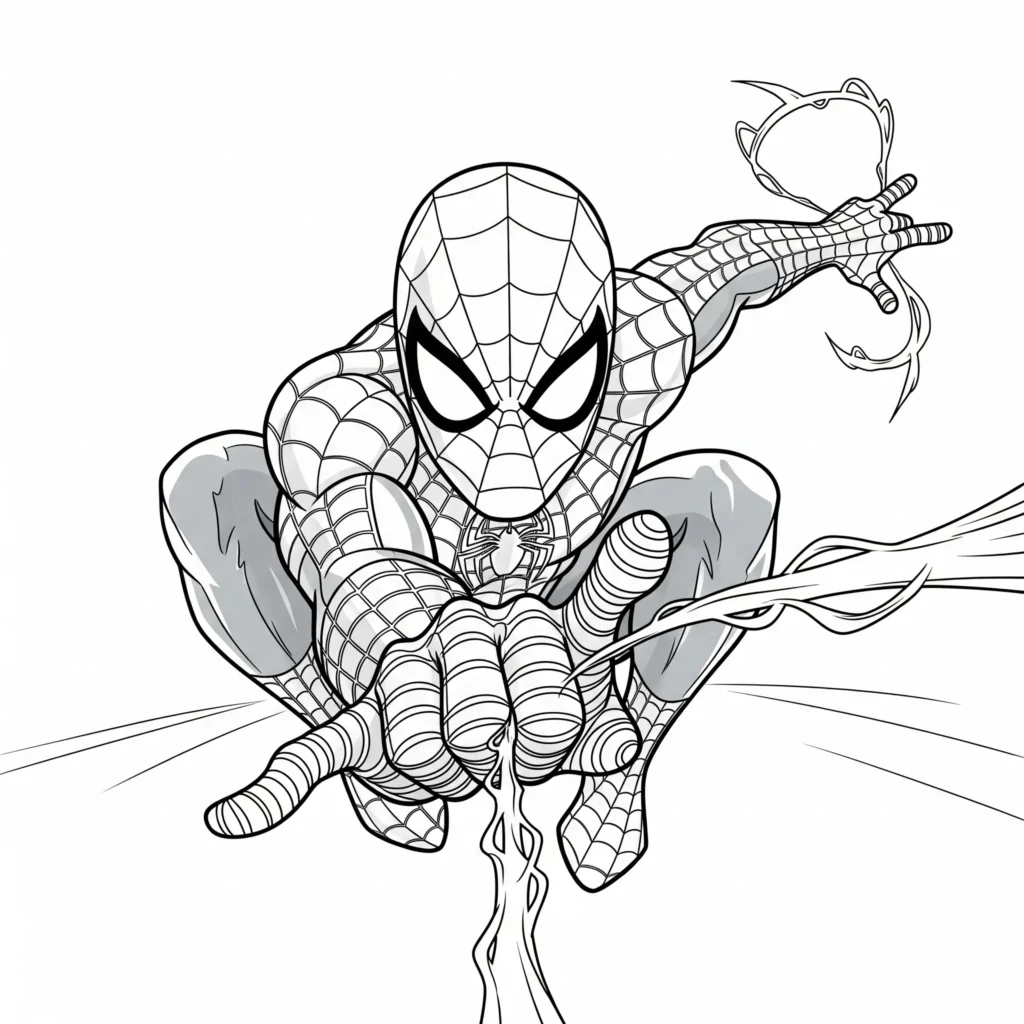 Diese Malvorlage zeigt Spiderman beim Netzangriff direkt auf den Betrachter. Ideal für Kinder, die actionreiche Superhelden lieben!