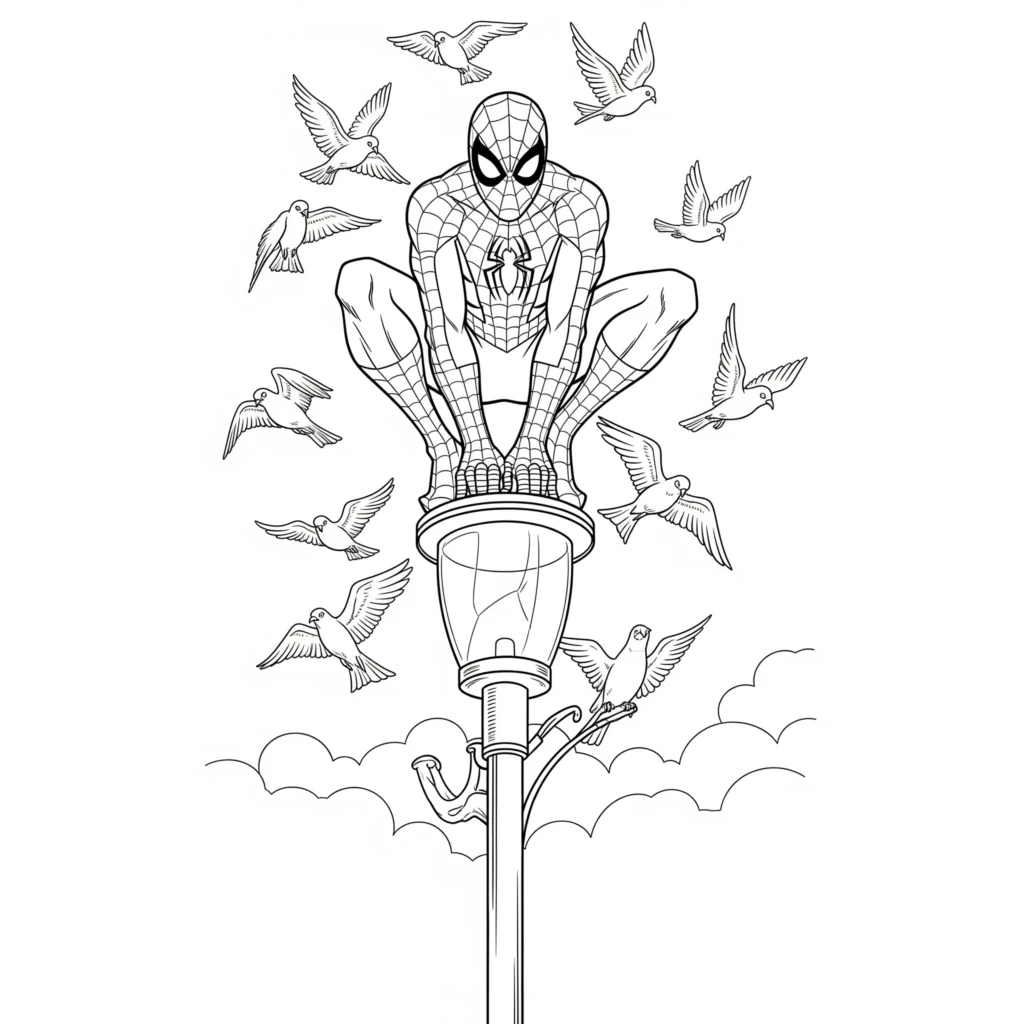 Spider-Man Ausmalbild posiert stolz und dynamisch auf einer Straßenlaterne in der Stadt – kinderfreundliche Ausmalvorlage zum Ausdrucken und Ausmalen
