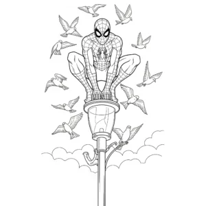 26 Spiderman Ausmalbilder (Gratis Malvorlage zum Ausdrucken) Spider-Man Ausmalbild posiert stolz und dynamisch auf einer Straßenlaterne in der Stadt – kinderfreundliche Ausmalvorlage zum Ausdrucken und Ausmalen