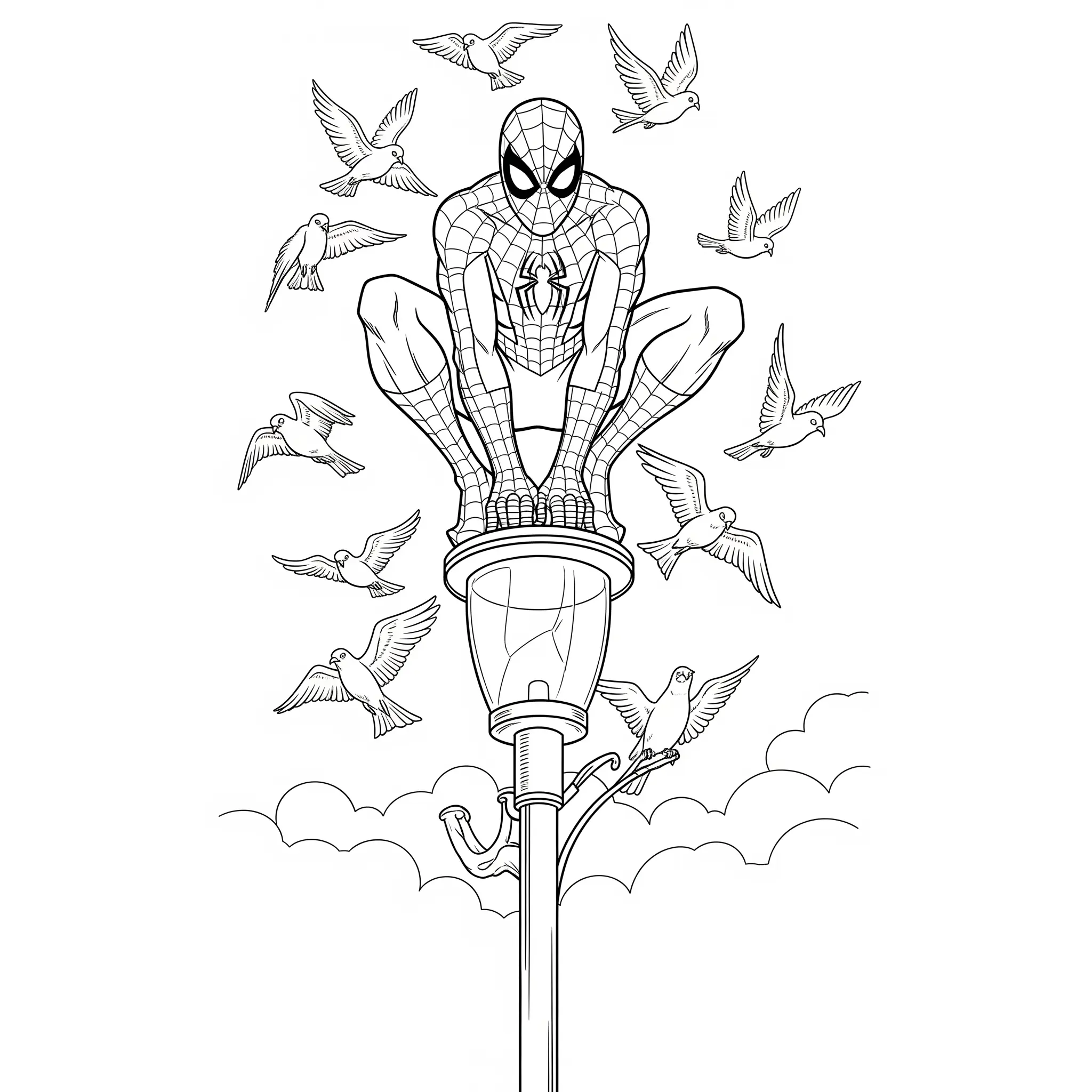 Spider-Man Ausmalbild posiert stolz und dynamisch auf einer Straßenlaterne in der Stadt – kinderfreundliche Ausmalvorlage zum Ausdrucken und Ausmalen