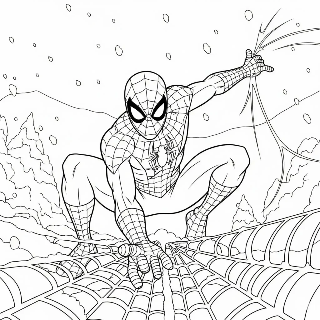 Spiderman baut im Winter ein Netz aus Schnee, umgeben von einer verschneiten Stadtlandschaft – kinderfreundliche Ausmalvorlage zum Ausdrucken