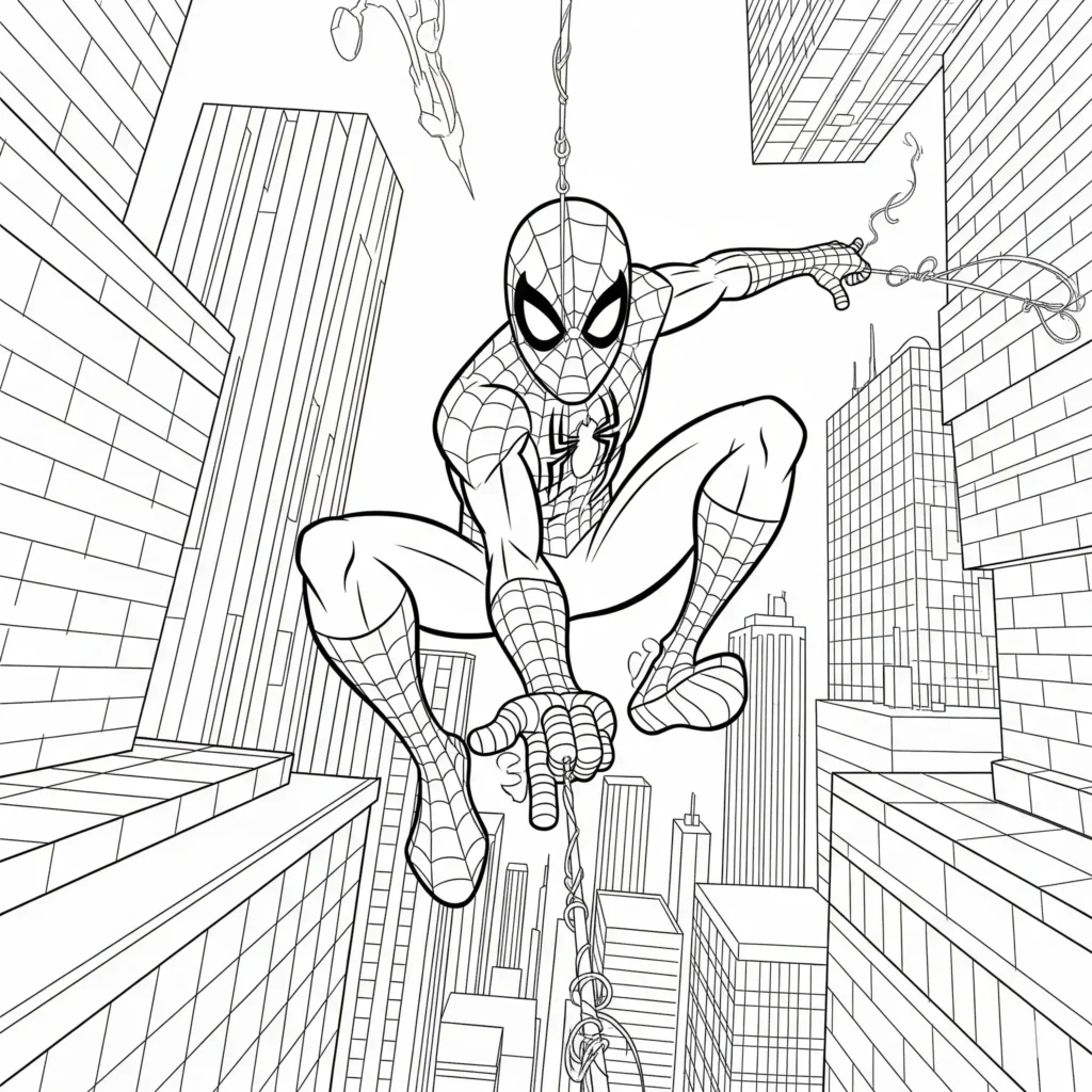 Diese Spiderman Ausmalbilder zeigt den Helden in Aktion, wie er zwischen Wolkenkratzern schwingt. Perfekt zum Ausdrucken und Ausmalen für Kinder!