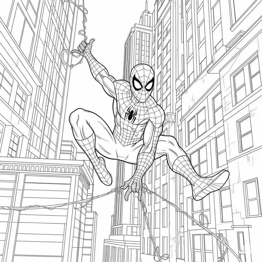 Spider-Man schwingt geschickt mit seinem Netz zwischen hohen Gebäuden in der Stadt – spannende Ausmalvorlage zum Ausdrucken für Kinder
