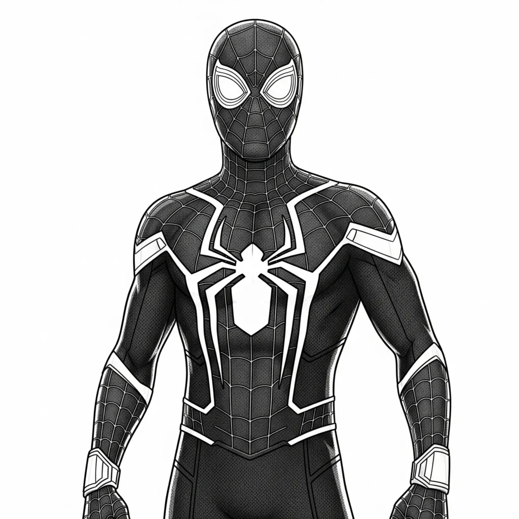 Spider-Man trägt seinen schwarzen Stealth Suit und steht bereit für eine geheime Mission – spannende Ausmalvorlage zum Ausdrucken und Ausmalen für Kinder